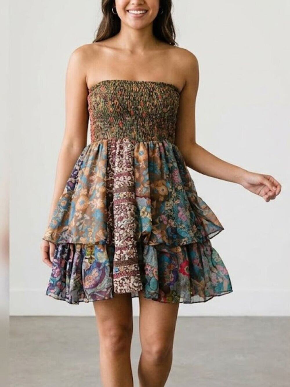 Boho Floral Patchwork Convertible Maxi Skirt Strapless Tube Dress Tiered S